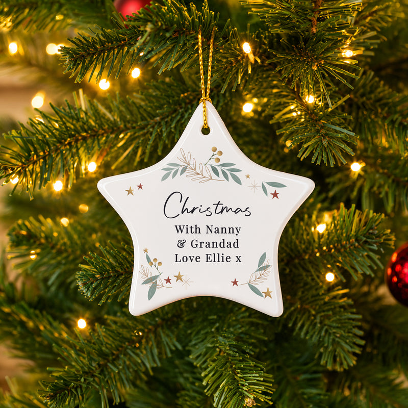 Personalised Christmas Botanical Ceramic Star Decoration - Any Message