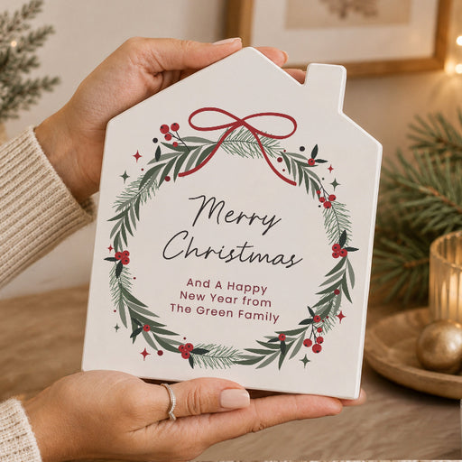 Personalised Green Christmas Wreath House Ornament - Any Message