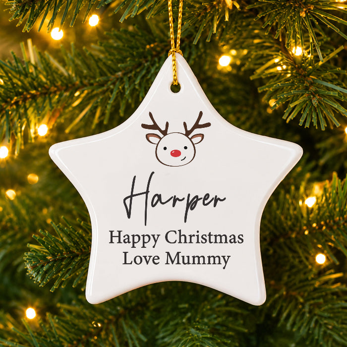 Personalised Reindeer Ceramic Star Christmas Decoration - Any Message