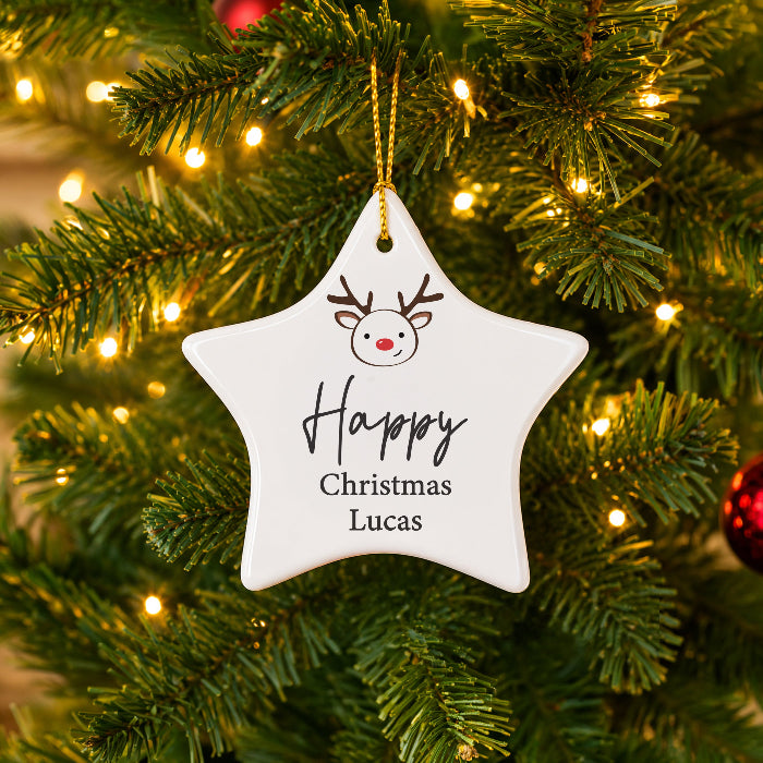 Personalised Reindeer Ceramic Star Christmas Decoration - Any Message