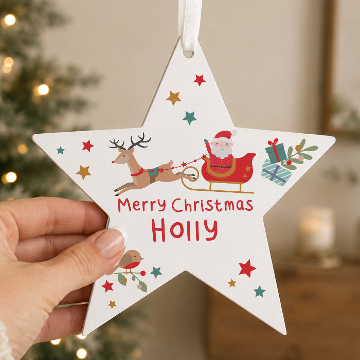 Personalised Santa & Reindeer Star Christmas Decoration - Any Message