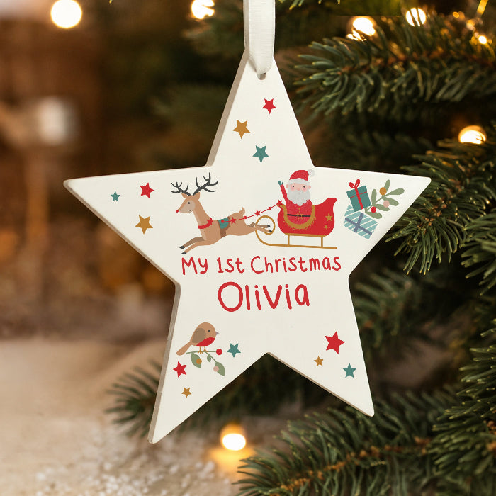 Personalised Santa & Reindeer Baby’s First Christmas Decoration - Any Message