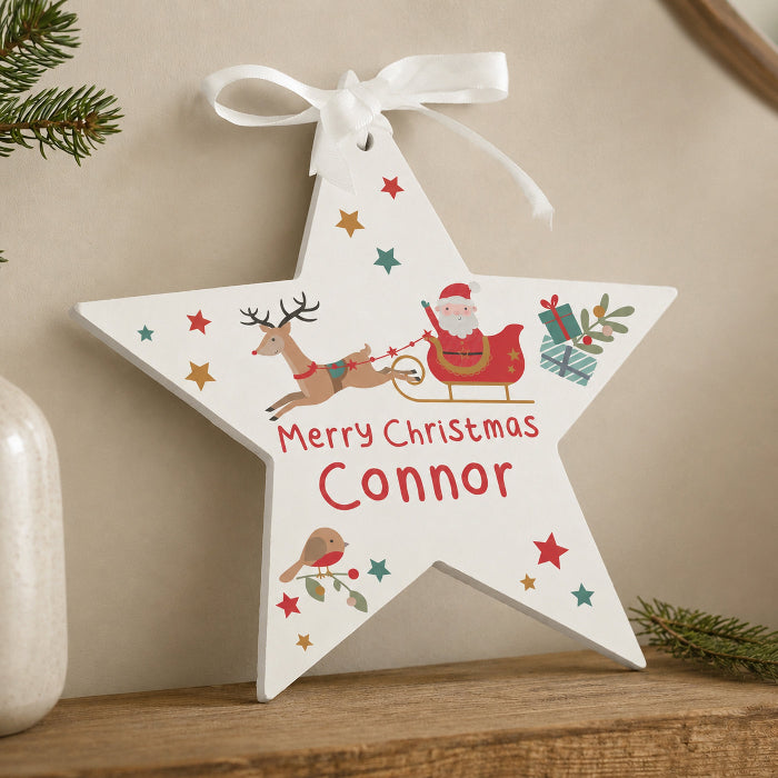 Personalised Santa & Reindeer Star Christmas Decoration - Any Message