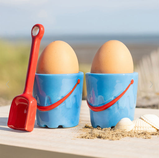 Set of 2 Bucket Shaped Ceramic Egg Cups with Spade Spoons