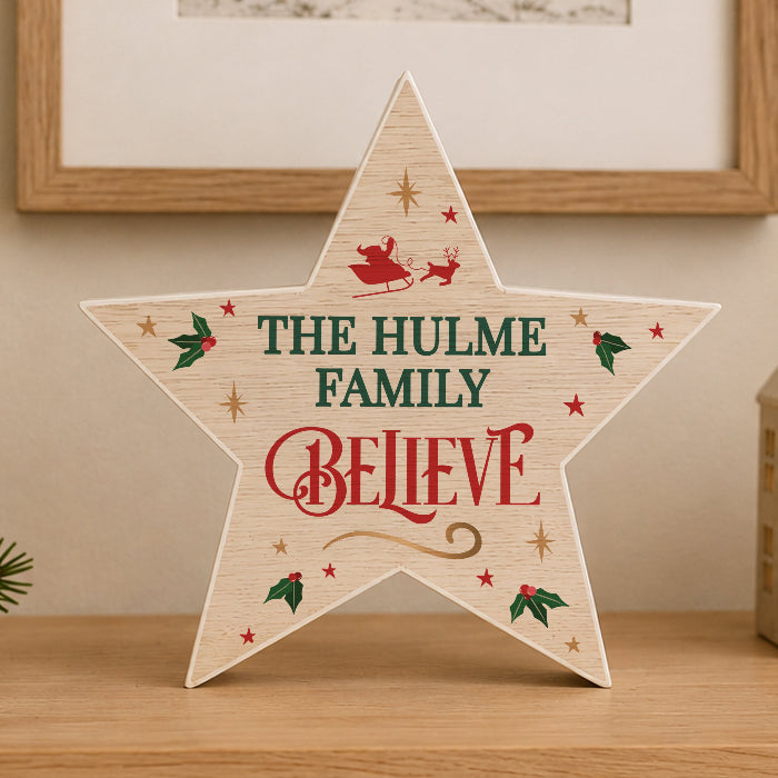 Personalised Believe Wooden Star Christmas Ornament