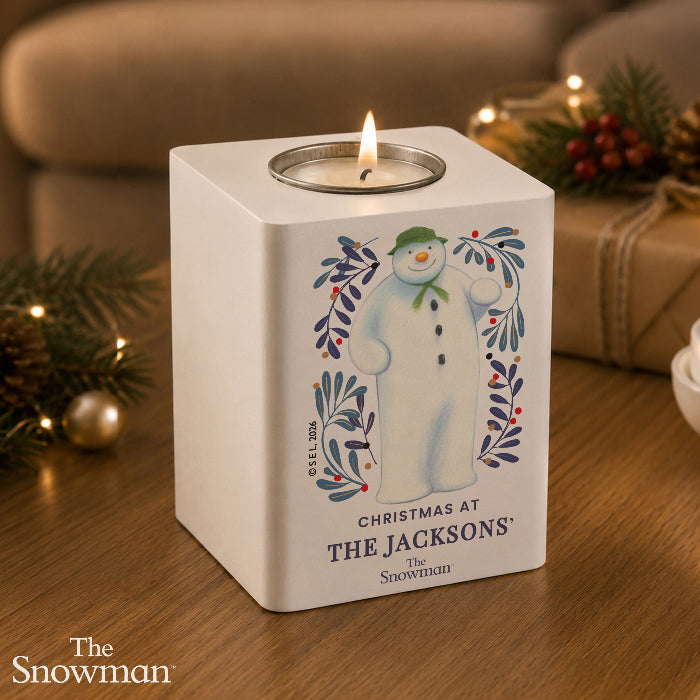 Personalised The Snowman Botanical Christmas Wooden Tealight Holder