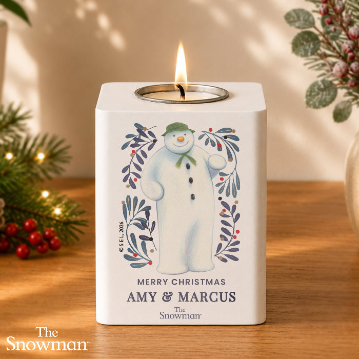Personalised The Snowman Botanical Christmas Wooden Tealight Holder