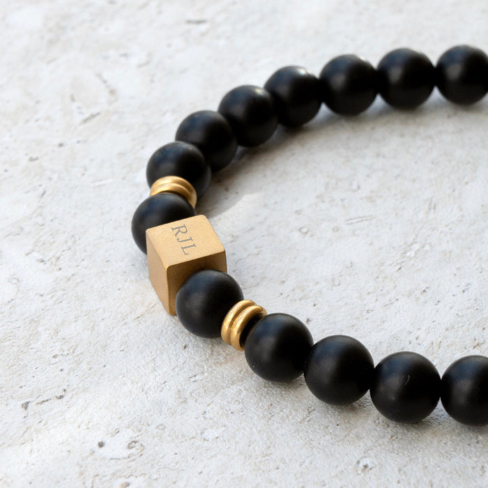 Personalised Men's Matte Gold Plated and Black Onyx Beaded Bracelet