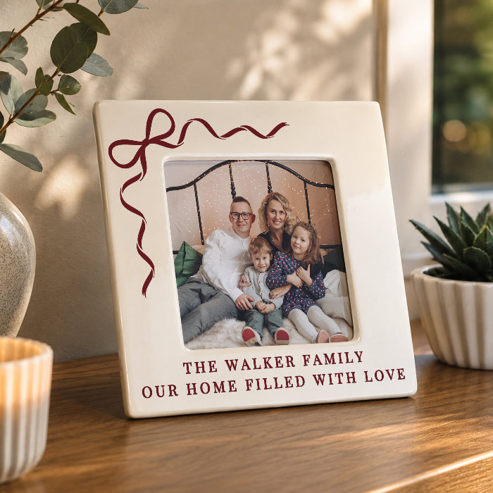 Personalised Red Bow Christmas Ceramic Photo Frame - 4x4
