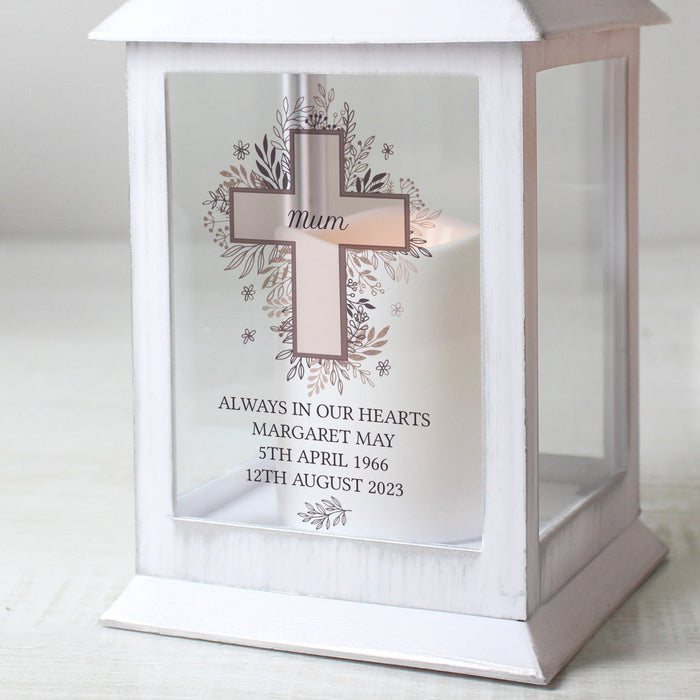 Personalised Floral Cross Memorial White Lantern