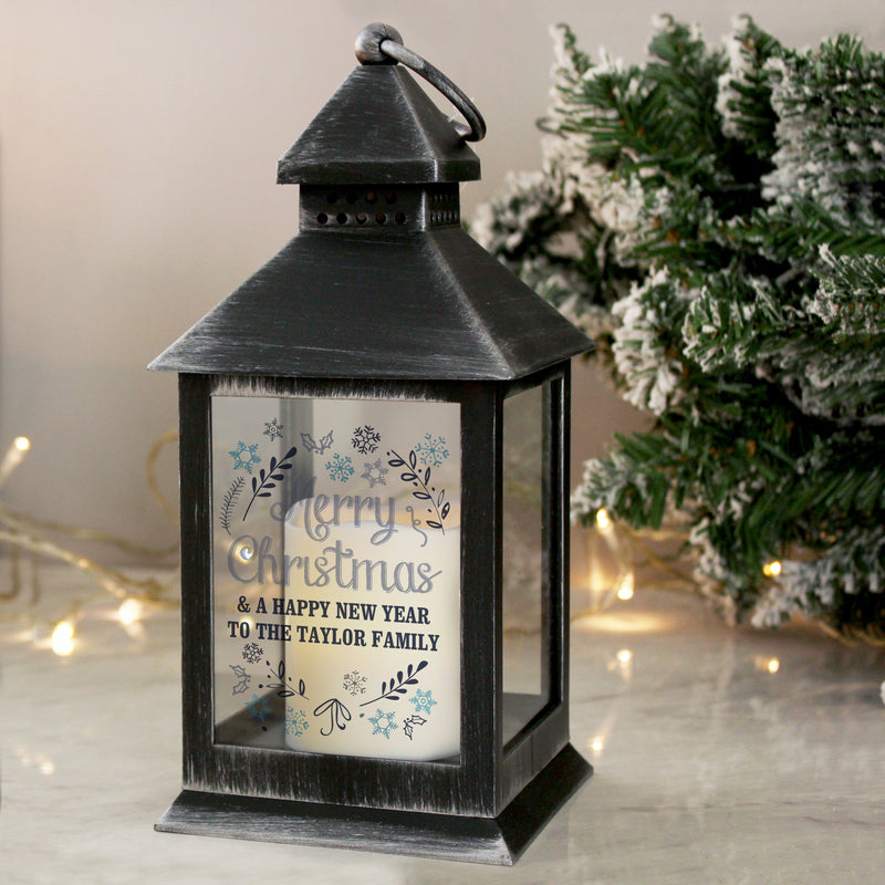 Personalised Merry Christmas Frost Rustic Black Lantern