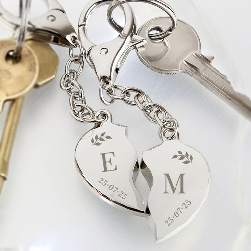 Personalised Foliage Couples Two Hearts Keyring
