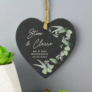 Personalised Botanical Wedding Slate Heart Decoration