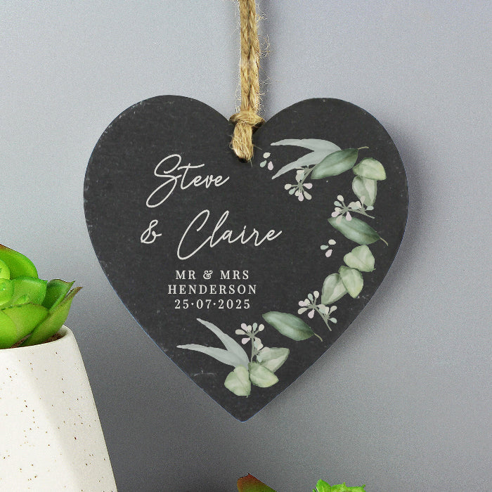 Personalised Botanical Wedding Slate Heart Decoration