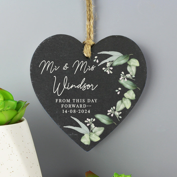 Personalised Botanical Wedding Slate Heart Decoration