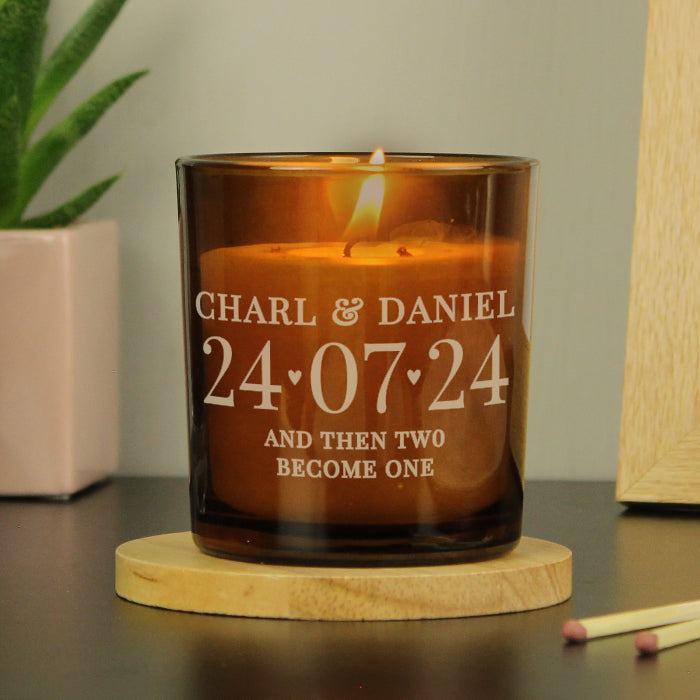 Personalised Wedding Day Amber Glass Candle