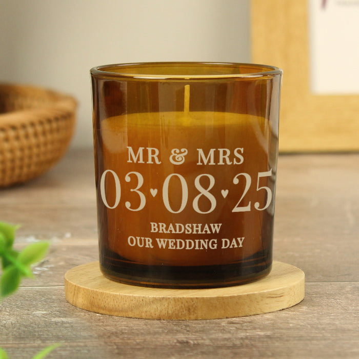 Personalised Wedding Day Amber Glass Candle