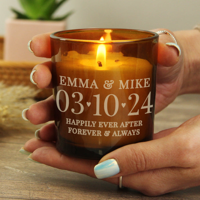 Personalised Wedding Day Amber Glass Candle