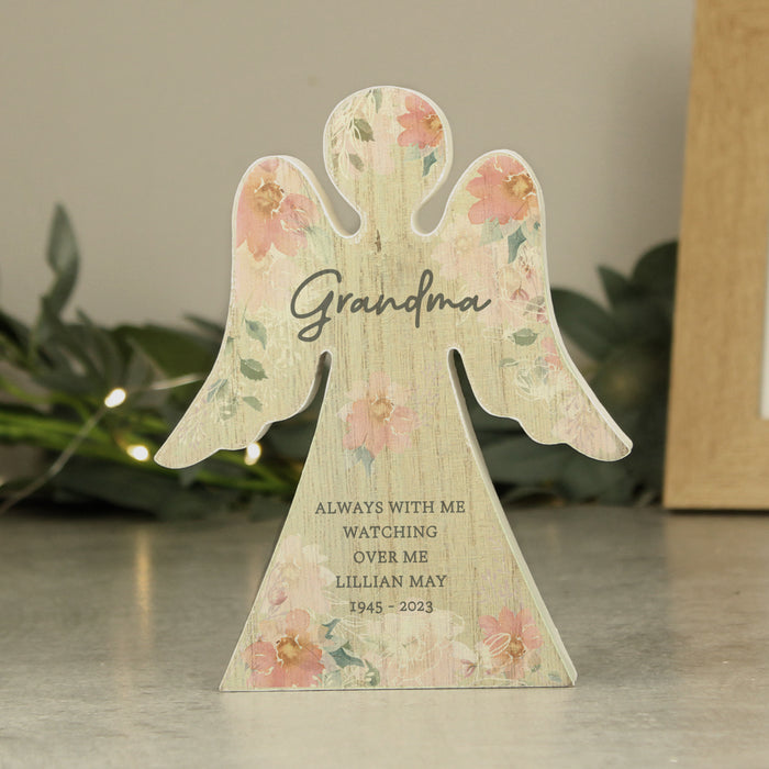 Personalised Floral Memorial Wooden Angel Ornament