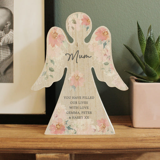 Personalised Floral Memorial Wooden Angel Ornament