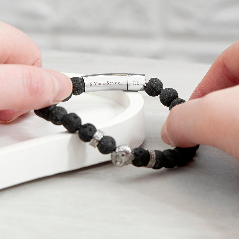 Personalised Men's Silver Lion Black Beaded Bracelet
