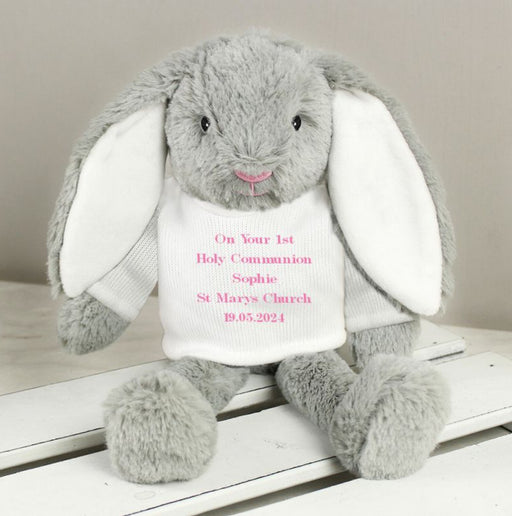 Personalised 1st Holy Communion Bunny Rabbit Teddy - Pink Text
