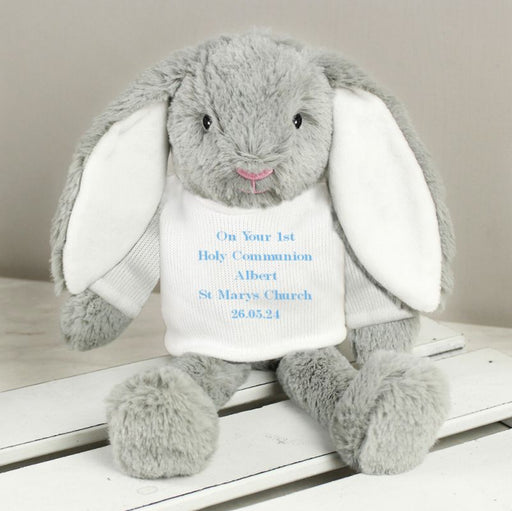 Personalised 1st Holy Communion Bunny Rabbit Teddy - Blue Text