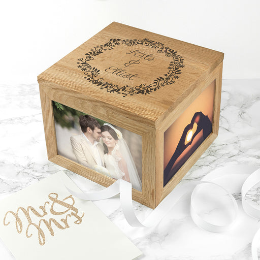 Personalised Couples' Oak Photo Keepsake Box with Floral Frame