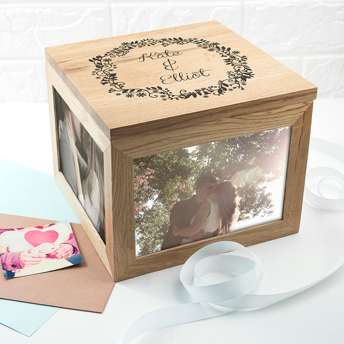Personalised Couples' Oak Photo Keepsake Box with Floral Frame