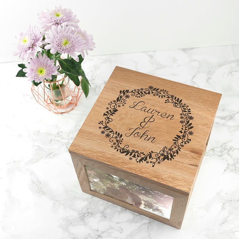 Personalised Couples' Oak Photo Keepsake Box with Floral Frame