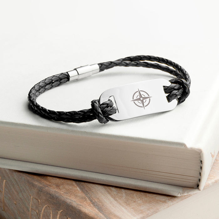 Personalised Men's Travel Compass Statement Leather Bracelet
