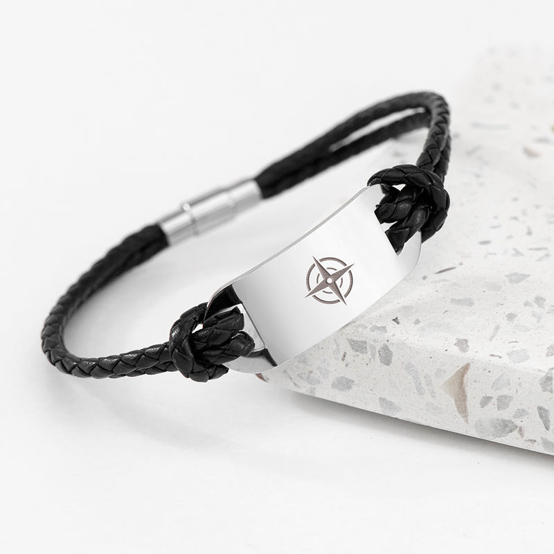Personalised Men's Travel Compass Statement Leather Bracelet