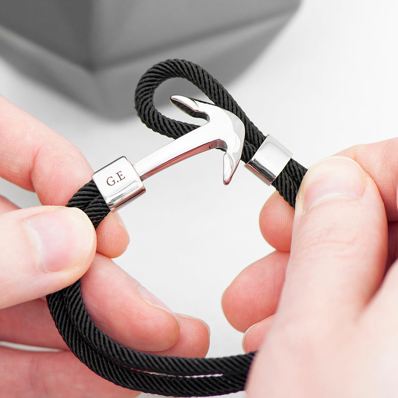 Personalised Men's Black Rope Nautical Anchor Bracelet