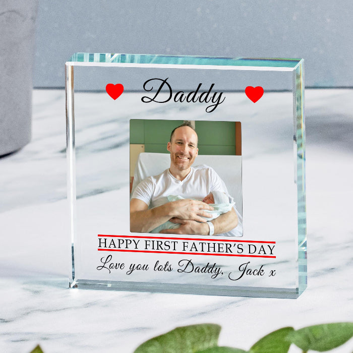 Happy First Fathers Day Gift Glass Photo Upload Keepsake Block