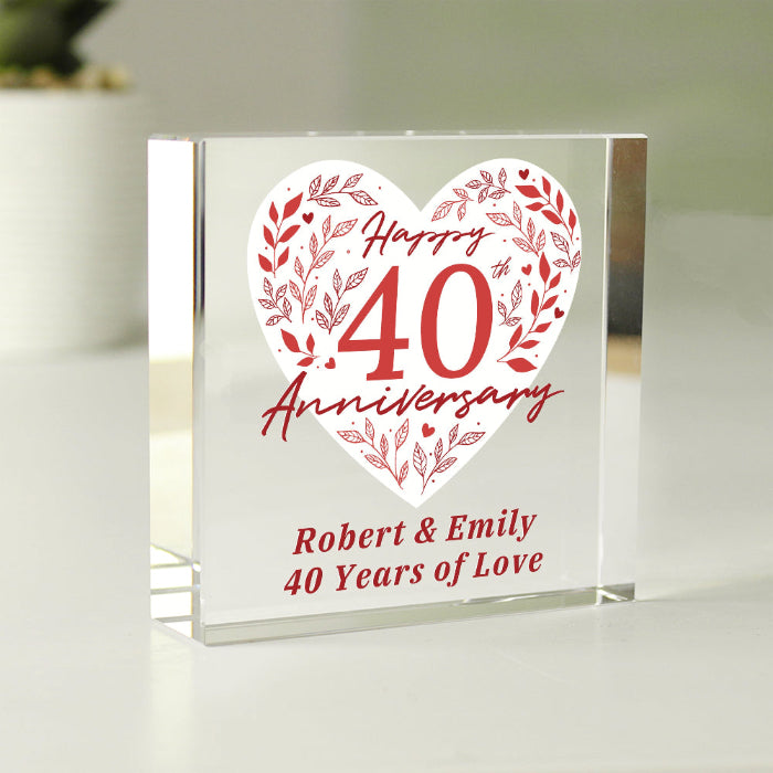 Personalised 40th Ruby Wedding Anniversary Crystal Glass Block
