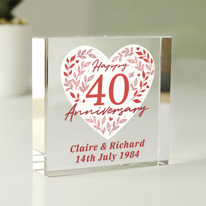 Personalised 40th Ruby Wedding Anniversary Crystal Glass Block