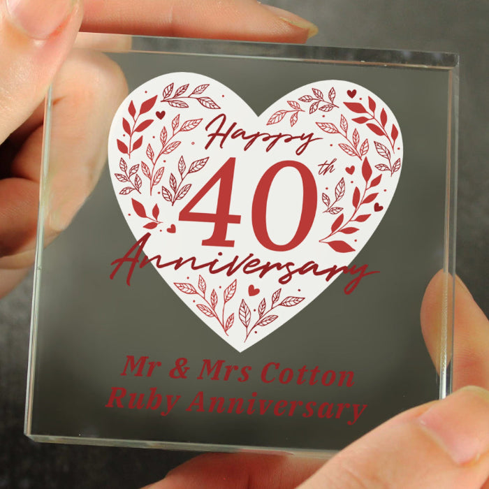 Personalised 40th Ruby Wedding Anniversary Crystal Glass Block