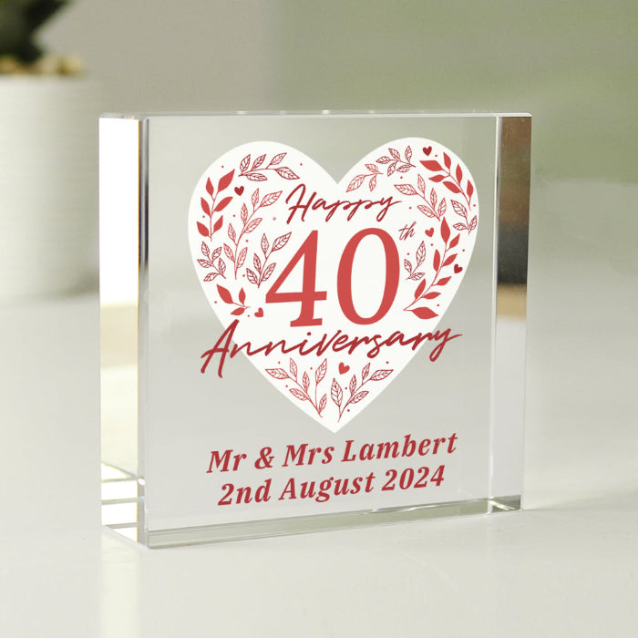 Personalised 40th Ruby Wedding Anniversary Crystal Glass Block