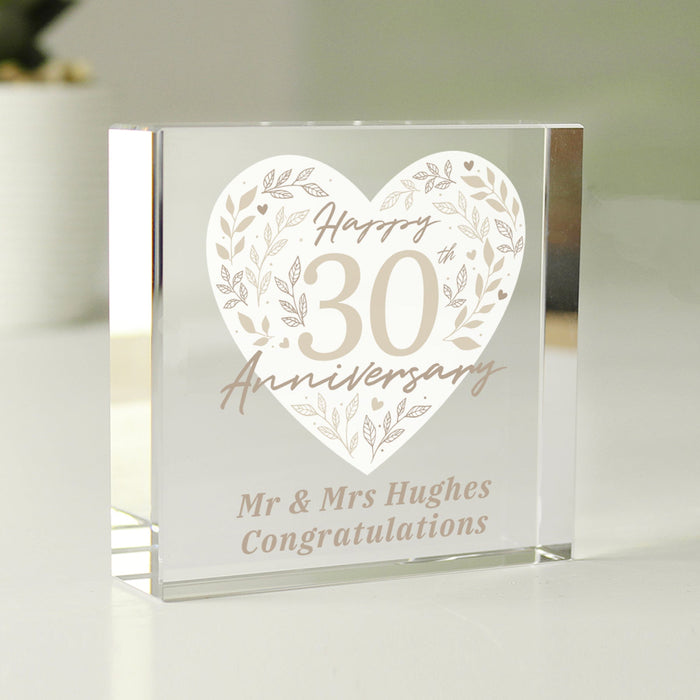 Personalised 30th Pearl Wedding Anniversary Crystal Glass Block