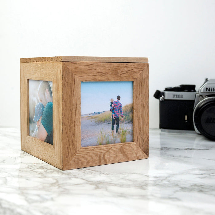 Engraved Oak Photo Frame Cube Keepsake Box