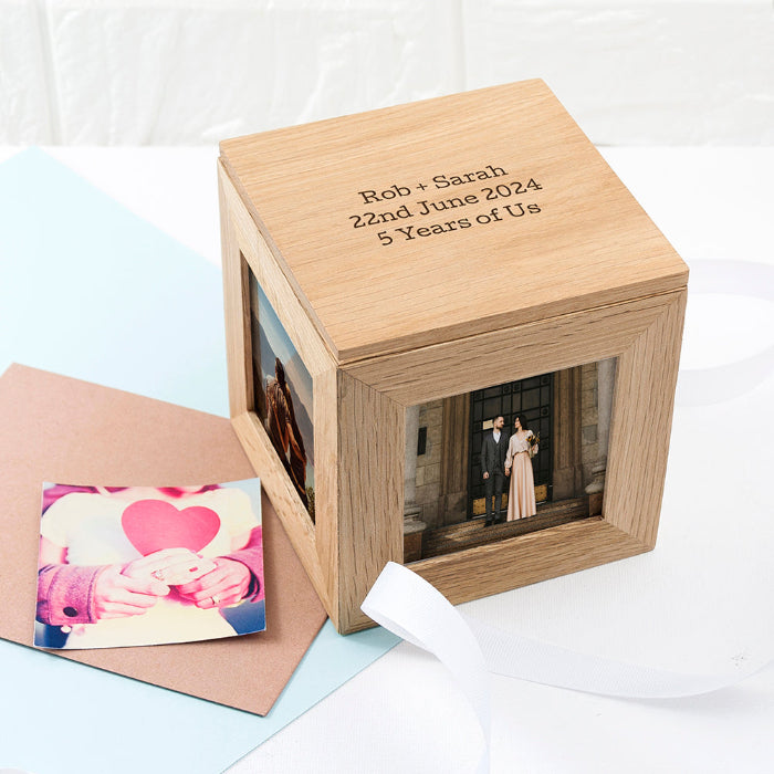 Engraved Oak Photo Frame Cube Keepsake Box