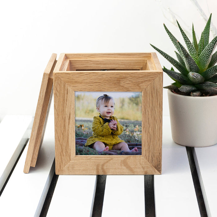 Engraved Oak Photo Frame Cube Keepsake Box