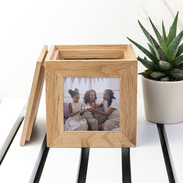 Engraved Oak Photo Frame Cube Keepsake Box