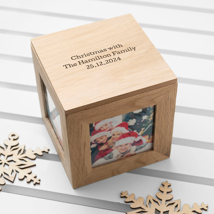 Engraved Oak Photo Frame Cube Keepsake Box