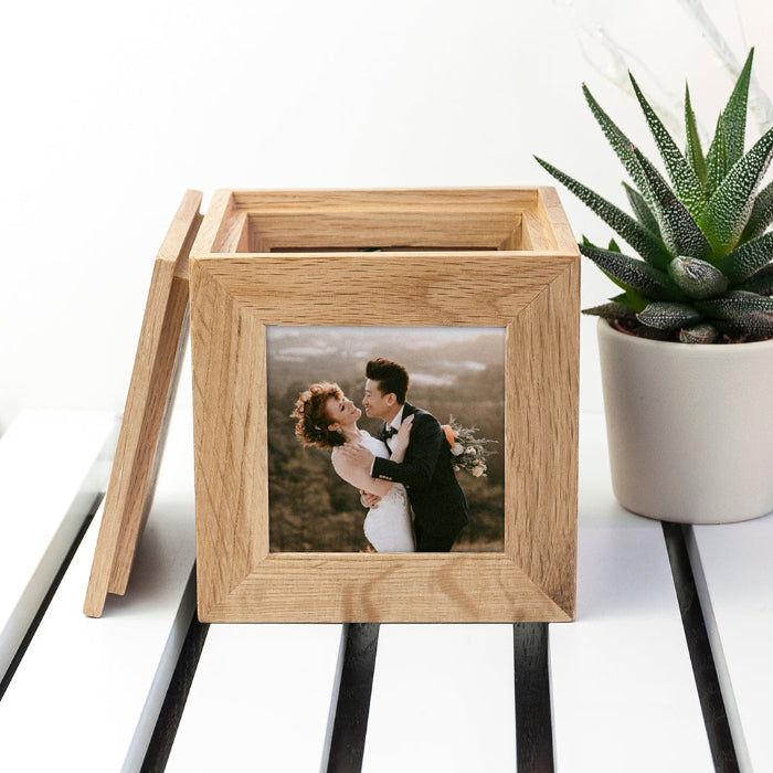 Engraved Oak Photo Frame Cube Keepsake Box