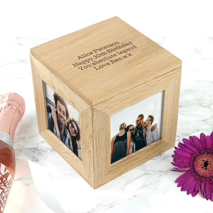 Engraved Oak Photo Frame Cube Keepsake Box