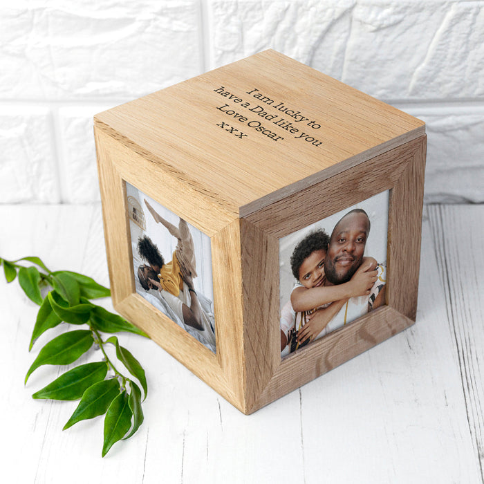 Engraved Oak Photo Frame Cube Keepsake Box