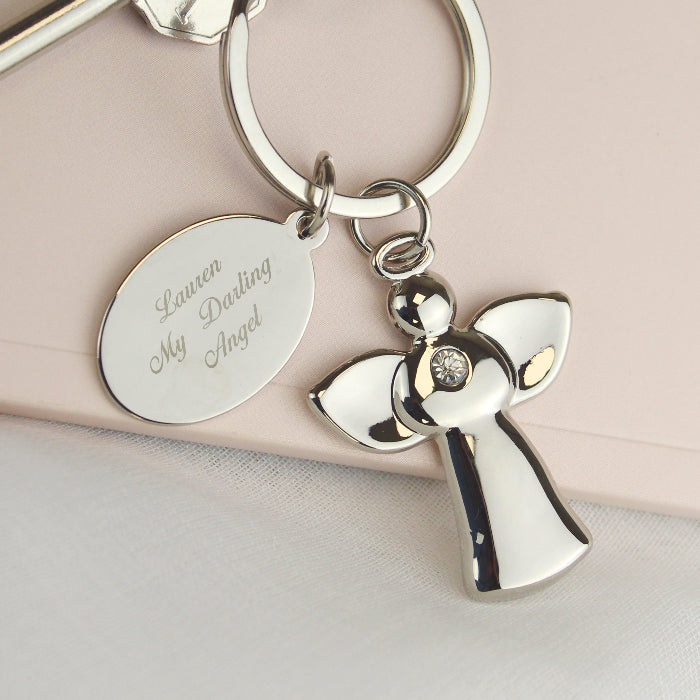 Personalised Silver Plated Angel Keyring - Any Message