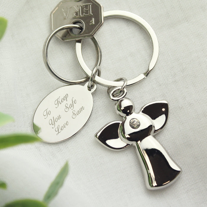 Personalised Silver Plated Angel Keyring - Any Message