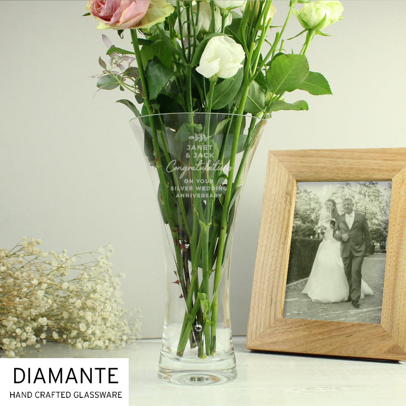 Engraved 25th Silver Anniversary Hand Cut Diamante Heart Vase